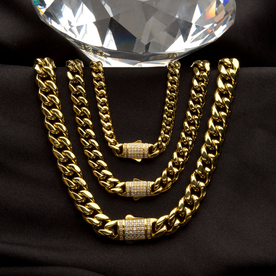 10mm 18kt Gold IP Miami Cuban Chain Necklace with CNC Precision Set Lab-grown Diamonds