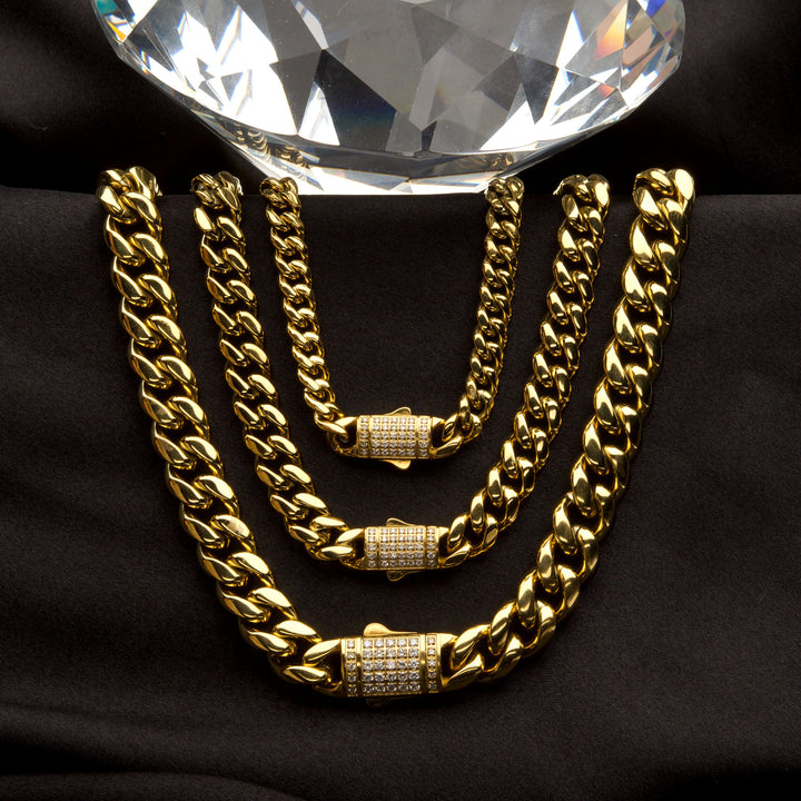 10mm 18kt Gold IP Miami Cuban Chain Necklace with CNC Precision Set Lab-grown Diamonds