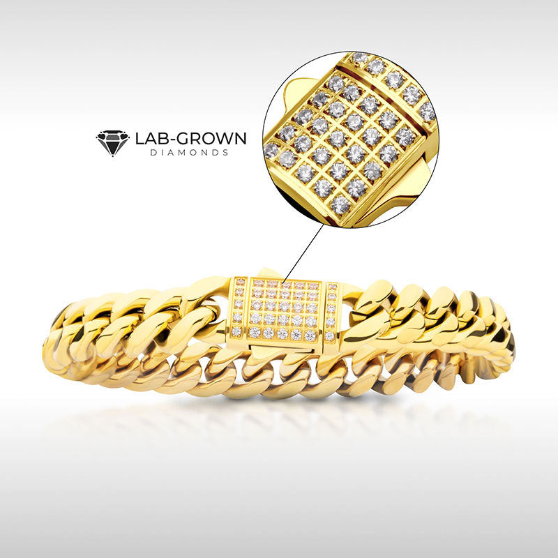 10mm 18kt Gold IP Miami Cuban Chain Bracelet with CNC Precision Set Lab-grown Diamonds