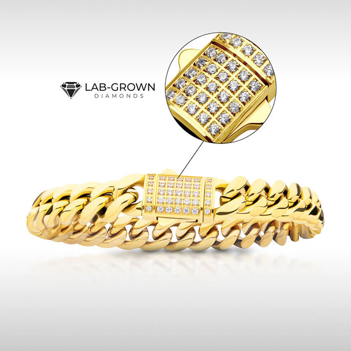 10mm 18kt Gold IP Miami Cuban Chain Bracelet with CNC Precision Set Lab-grown Diamonds