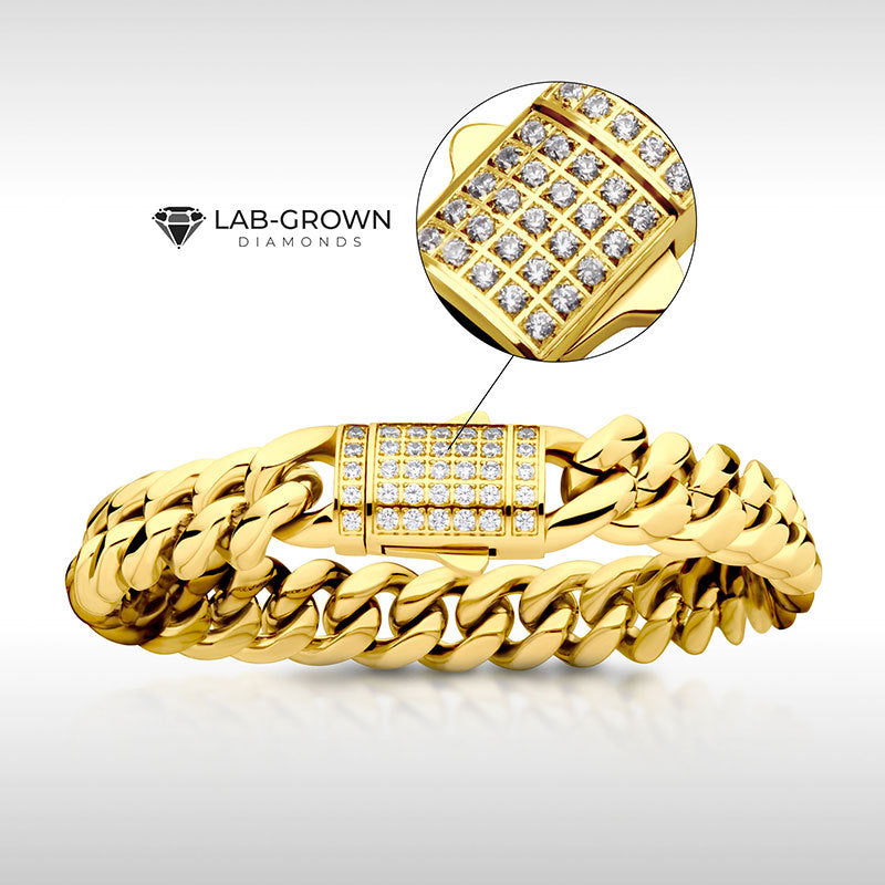12mm 18Kt Gold IP Miami Cuban Chain Bracelet with CNC Precision Set Lab-grown Diamonds