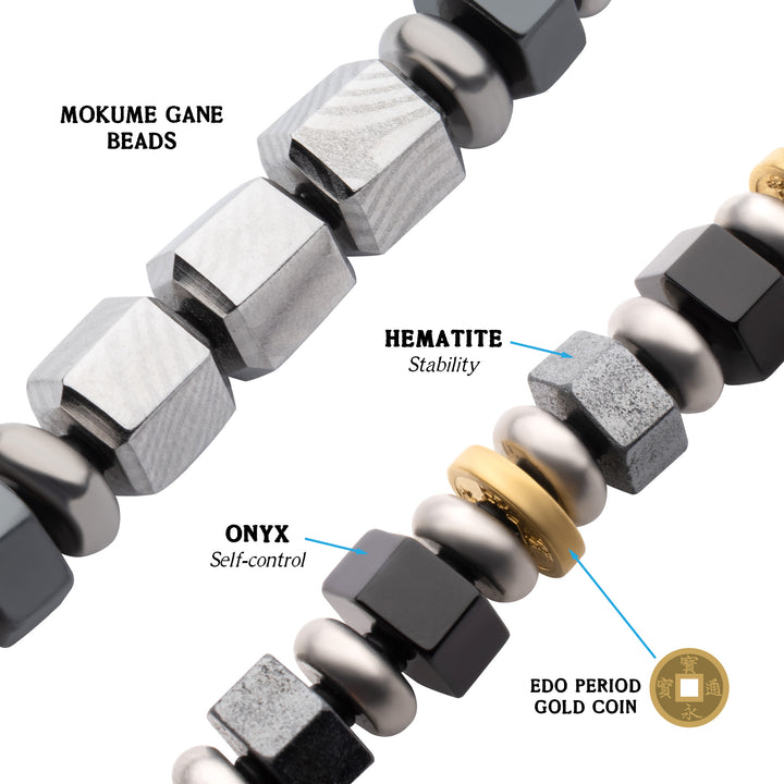 8mm Mokume Gane, Hematite and Onyx Beads Bushido Virtue Bracelet - RONIN: Self-Control