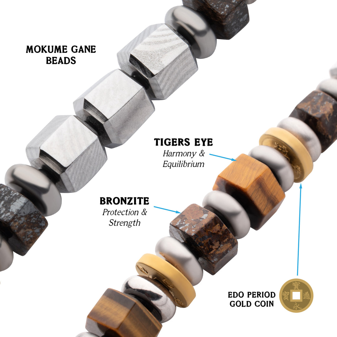 8mm Mokume Gane, Bronzite and Tigers Eye Beads Bushido Virtue Bracelet - GI: Integrity