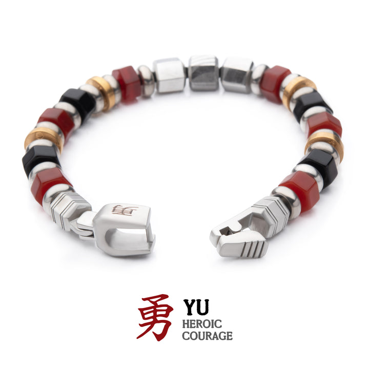 8mm Mokume Gane, Red Agate and Onyx Beads Bushido Virtue Bracelet - YU: Heroic Courage