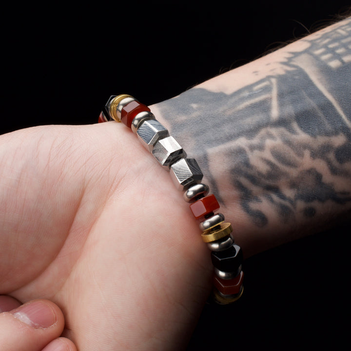 8mm Mokume Gane, Red Agate and Onyx Beads Bushido Virtue Bracelet - YU: Heroic Courage
