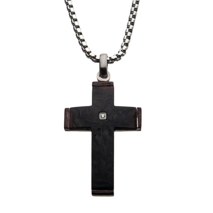 Solid Carbon Cross Pendant
 with 1.5mm Genuine Clear Diamond