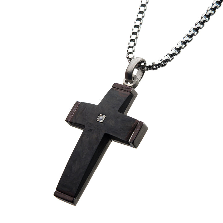 Solid Carbon Cross Pendant
 with 1.5mm Genuine Clear Diamond