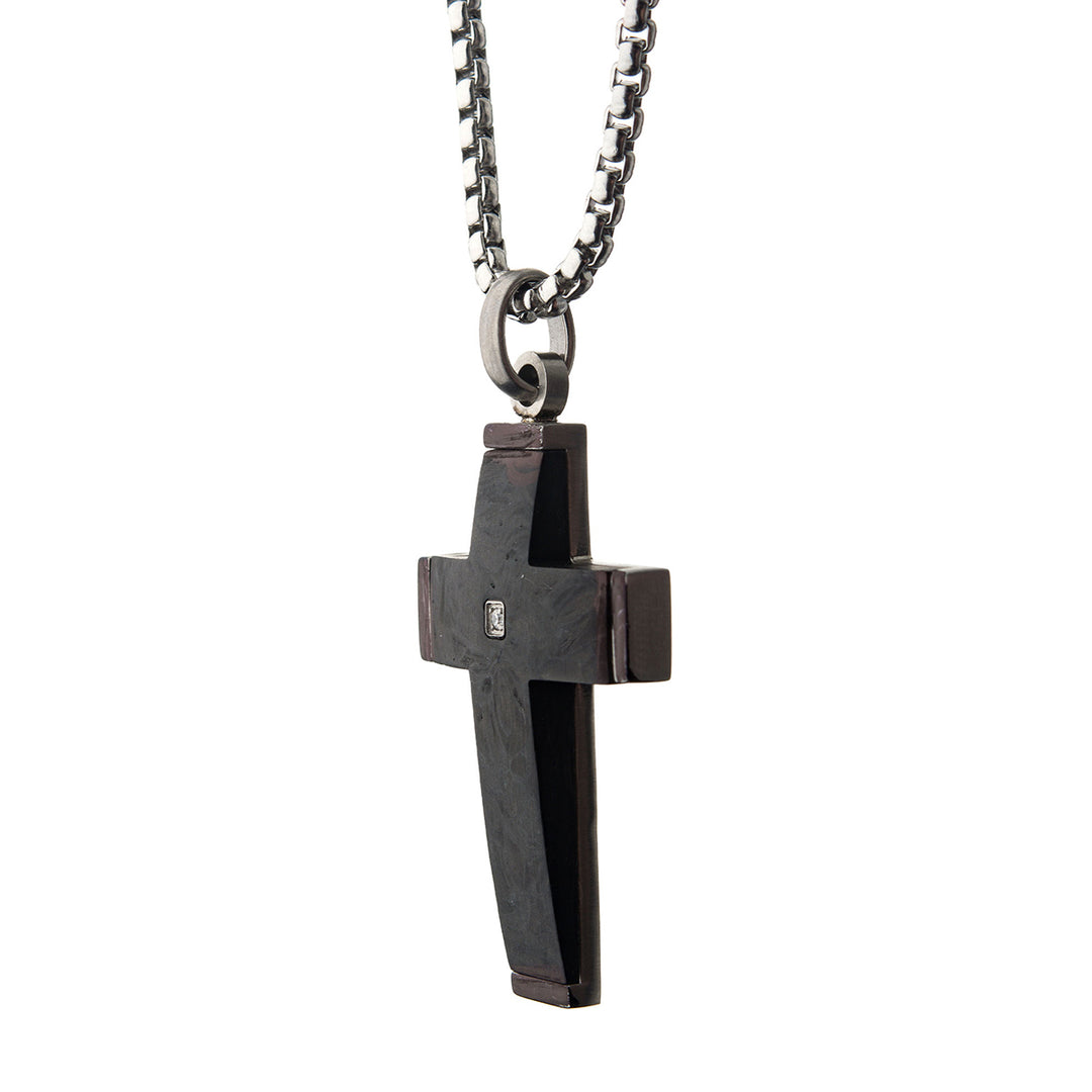 Solid Carbon Cross Pendant
 with 1.5mm Genuine Clear Diamond