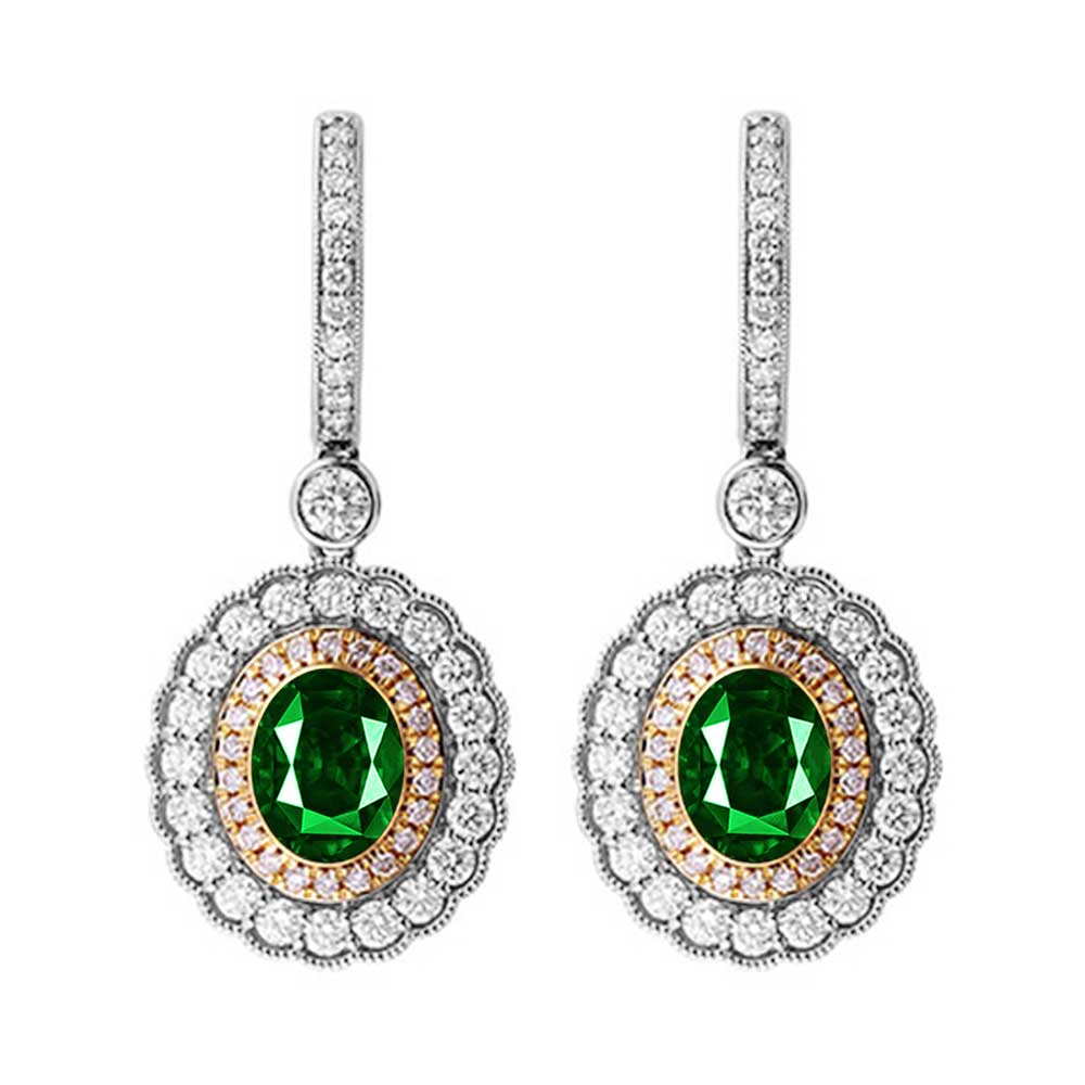 14Kt White Yellow Gold Diamond 2Ctw & Emerald 2 3/8Ctw Earring