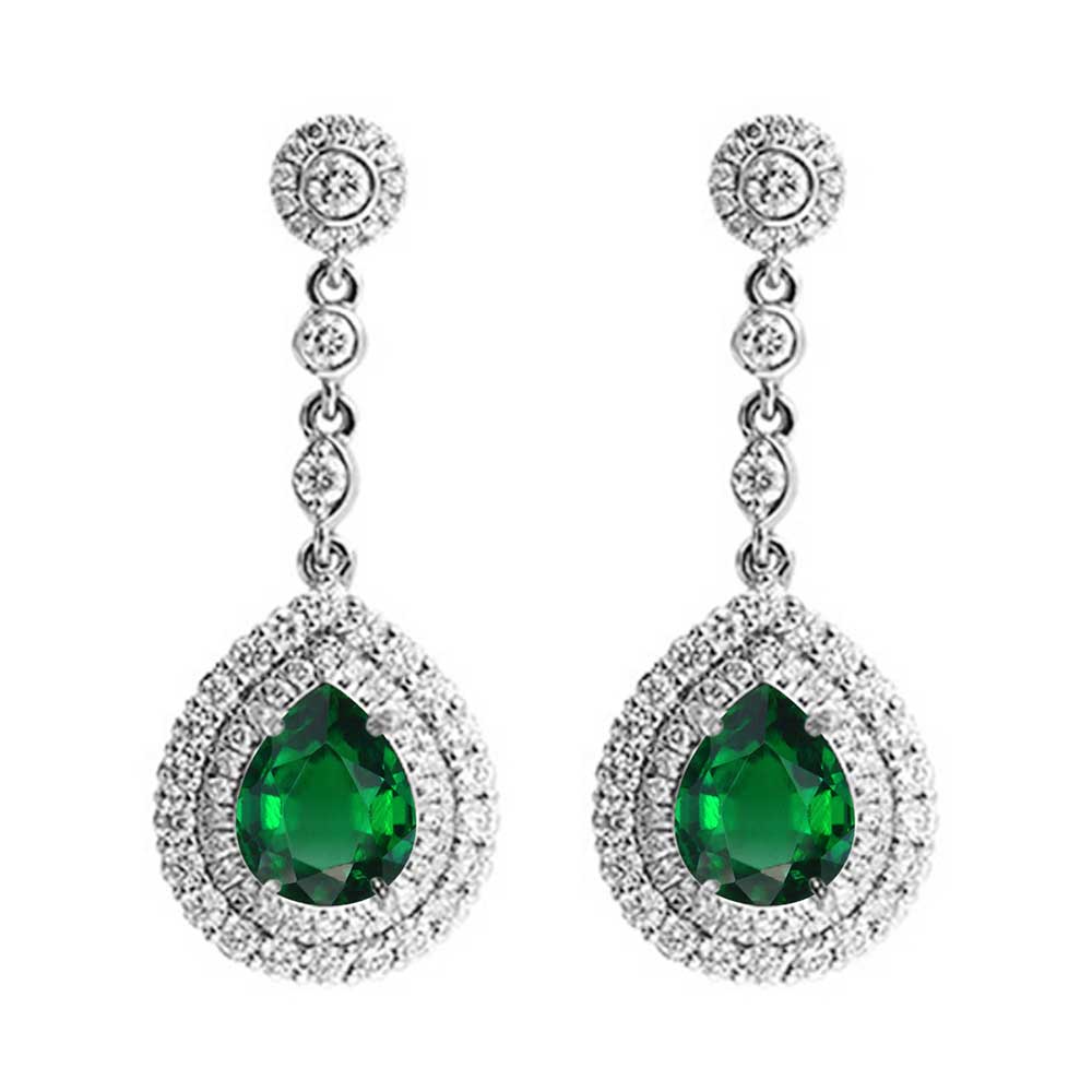 14Kt White Gold Diamond 1 1/3Ctw & Emerald 2 5/8Ctw Earring
