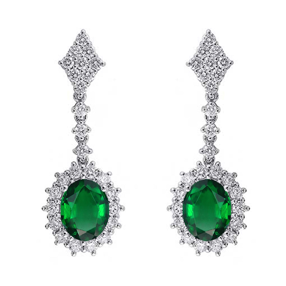 14Kt White Gold Diamond 1 1/3Ctw & Emerald 2 3/8Ctw Earring