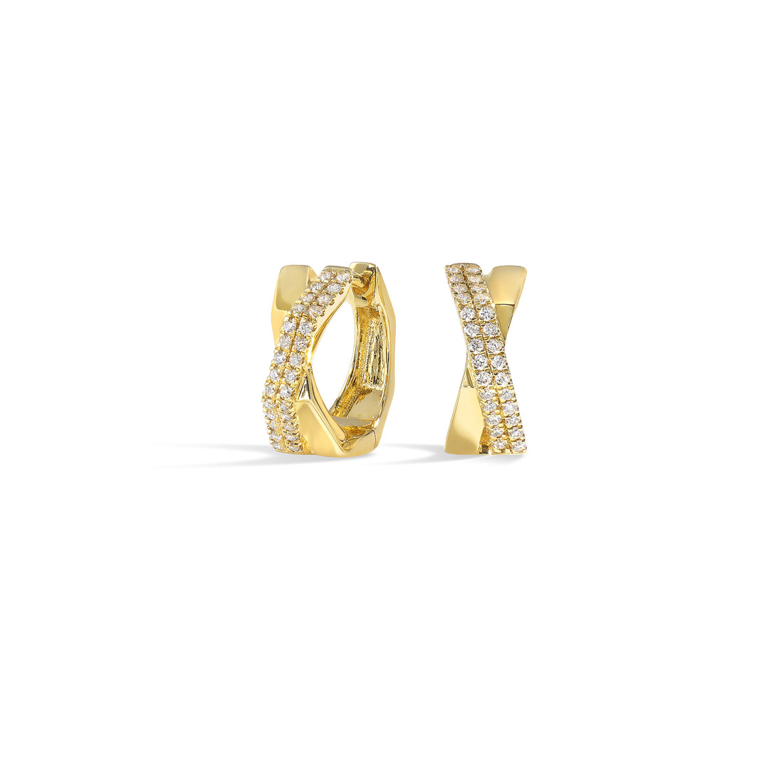14KY diamond earrings,  1/5CTW-sleek crossover hoops in yellow gold with pavé diamond detailing.