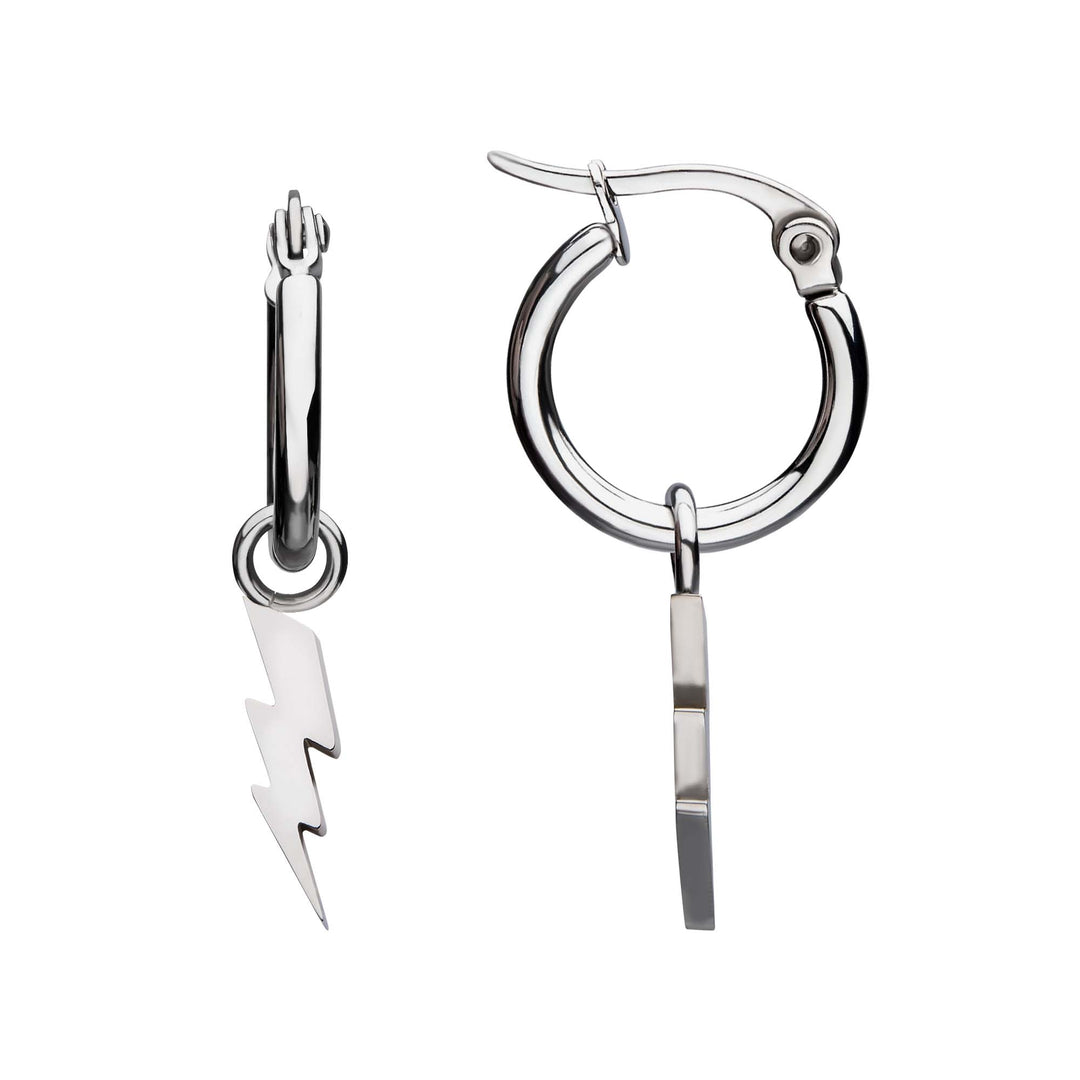 Stainless Steel Hoop Earrings with Lightning Bolt Charm