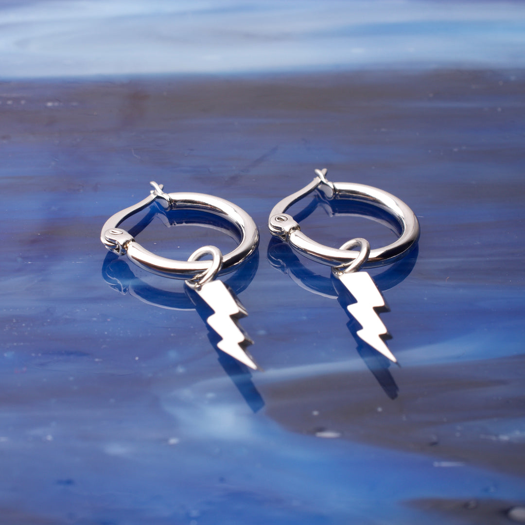 Stainless Steel Hoop Earrings with Lightning Bolt Charm