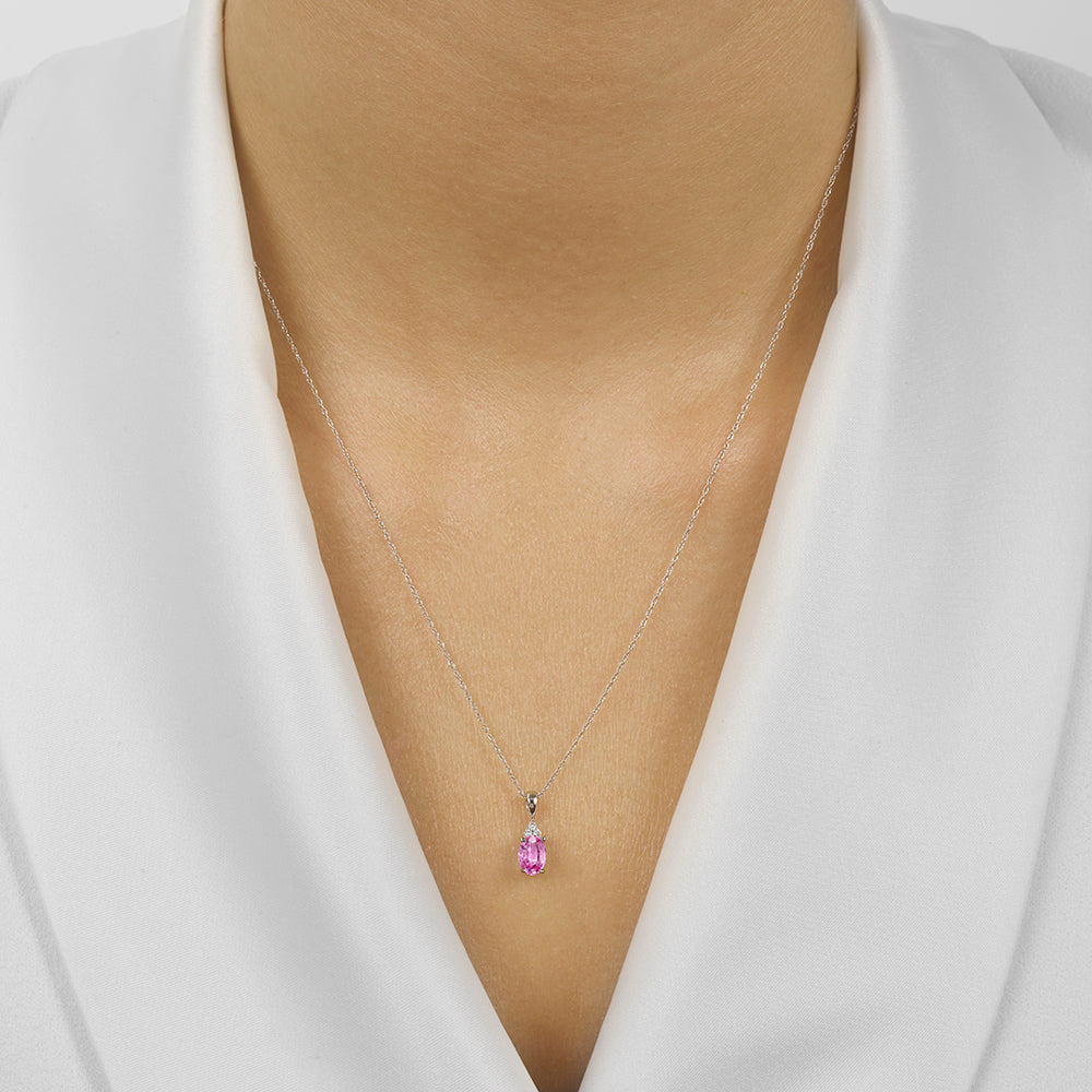 10Kt White Gold Diamond 1/50Ctw & Pink Tourmaline 3/8ctw Pendant