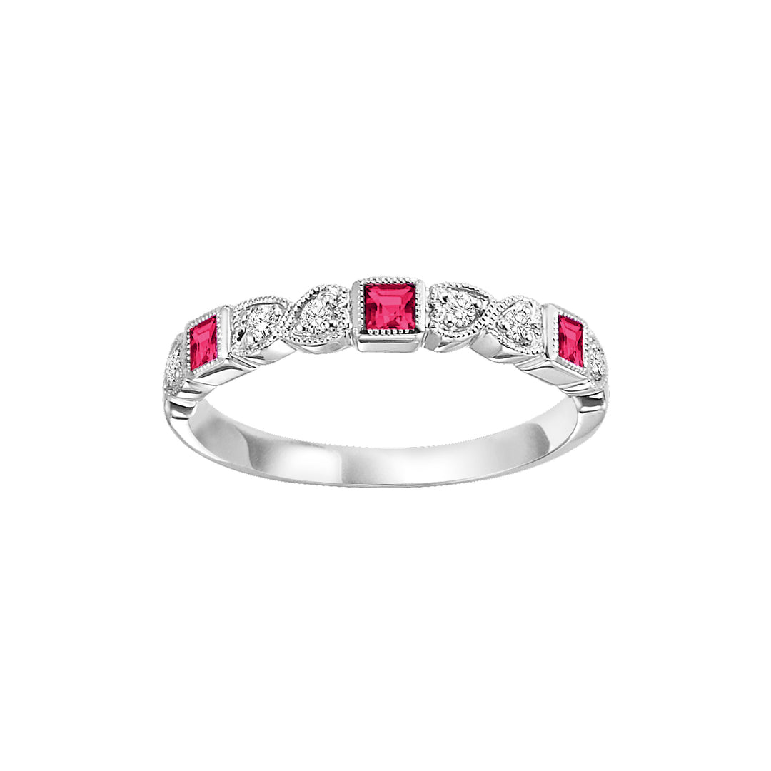 14Kt White Gold Diamond 1/12Ctw & Ruby 1/6Ctw Ring