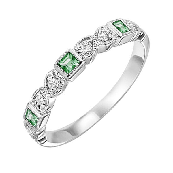 14Kt White Gold Diamond 1/10Ctw & Emerald 1/6Ctw Ring