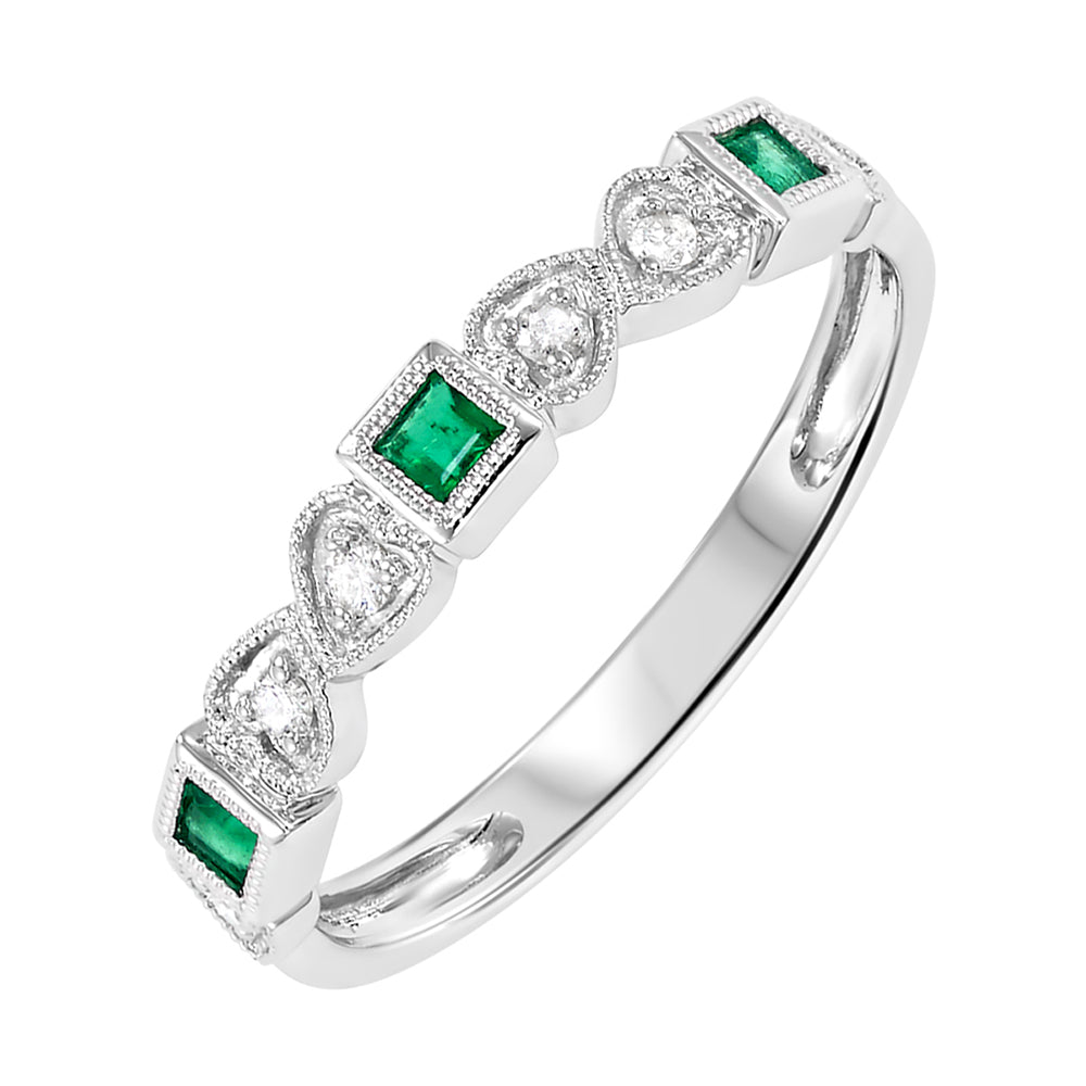 14Kt White Gold Diamond 1/10Ctw & Emerald 1/6Ctw Ring
