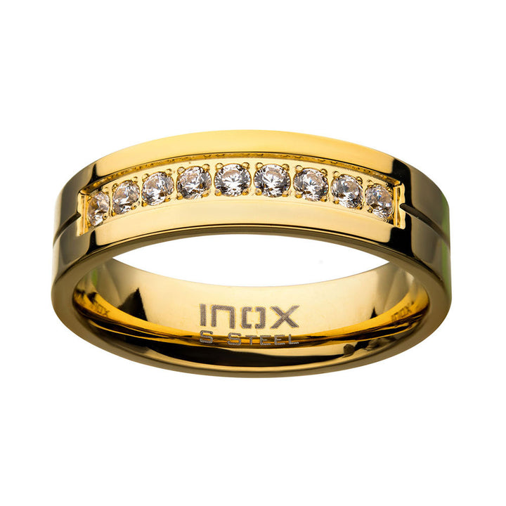 Gold PVD Plating Polished Steel Comfort-Fit Band with CZs in Bead Channel Setting Ring