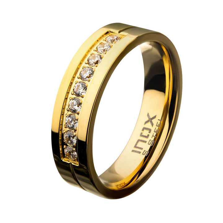 Gold PVD Plating Polished Steel Comfort-Fit Band with CZs in Bead Channel Setting Ring