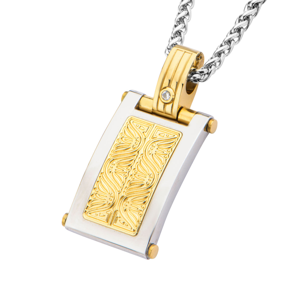 0.02 Carat Clear Genuine Diamond Gold IP Steel Intricate Carved Pattern Dog Tag Pendant  with Steel Wheat Chain