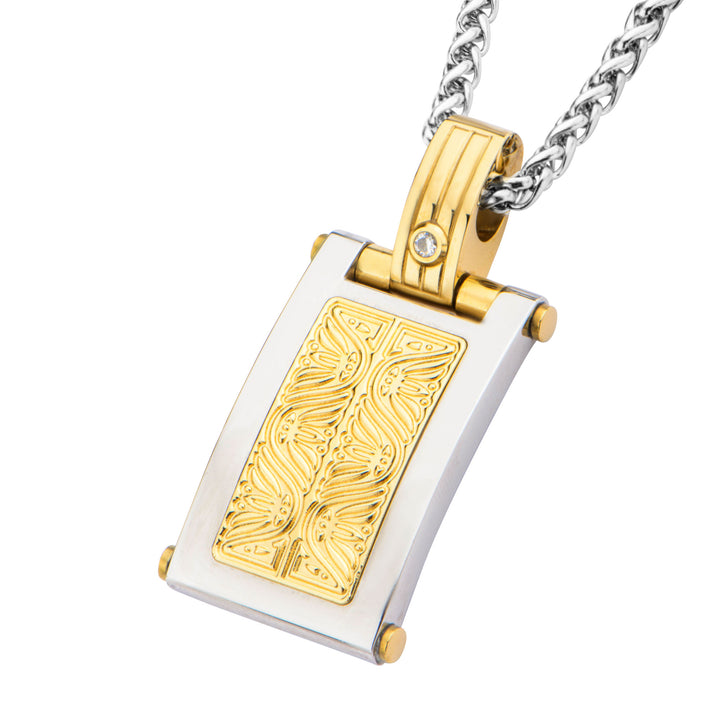 0.02 Carat Clear Genuine Diamond Gold IP Steel Intricate Carved Pattern Dog Tag Pendant  with Steel Wheat Chain