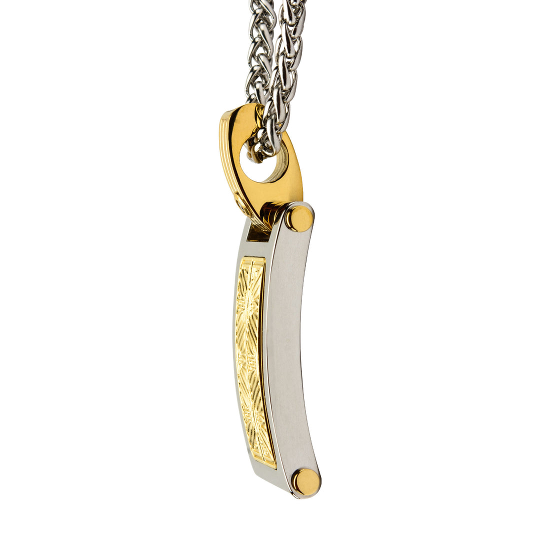 0.02 Carat Clear Genuine Diamond Gold IP Steel Intricate Carved Pattern Dog Tag Pendant  with Steel Wheat Chain