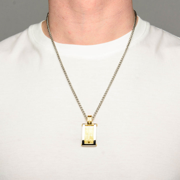 0.02 Carat Clear Genuine Diamond Gold IP Steel Intricate Carved Pattern Dog Tag Pendant  with Steel Wheat Chain