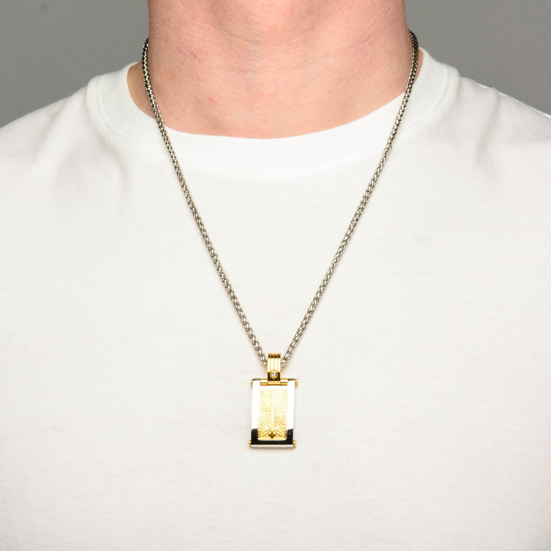 0.02 Carat Clear Genuine Diamond Gold IP Steel Intricate Carved Pattern Dog Tag Pendant  with Steel Wheat Chain
