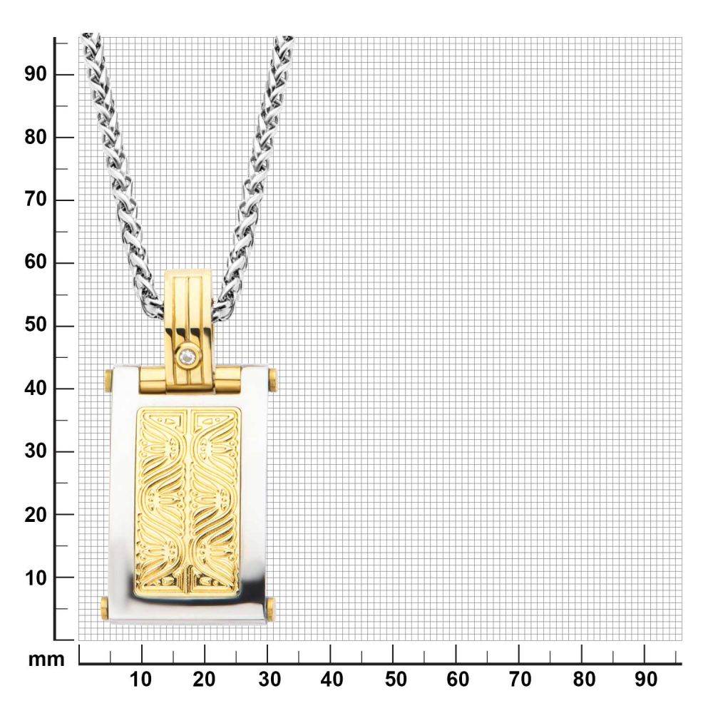 0.02 Carat Clear Genuine Diamond Gold IP Steel Intricate Carved Pattern Dog Tag Pendant  with Steel Wheat Chain