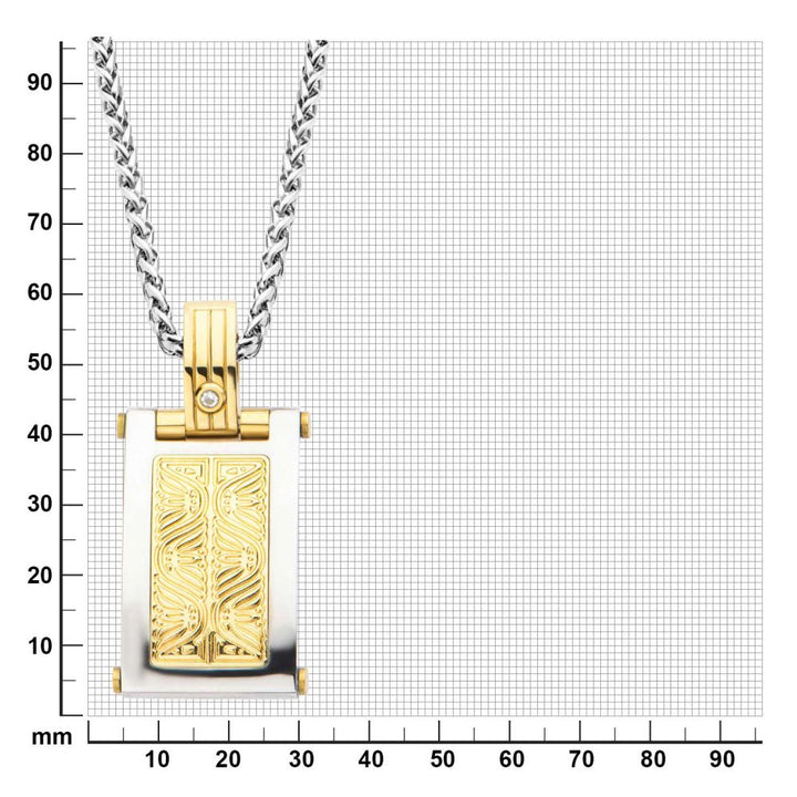 0.02 Carat Clear Genuine Diamond Gold IP Steel Intricate Carved Pattern Dog Tag Pendant  with Steel Wheat Chain