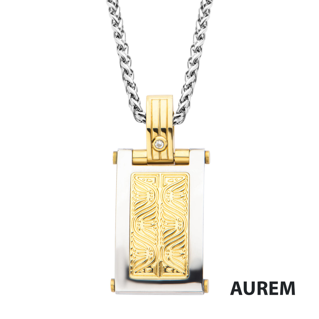 0.02 Carat Clear Genuine Diamond Gold IP Steel Intricate Carved Pattern Dog Tag Pendant  with Steel Wheat Chain