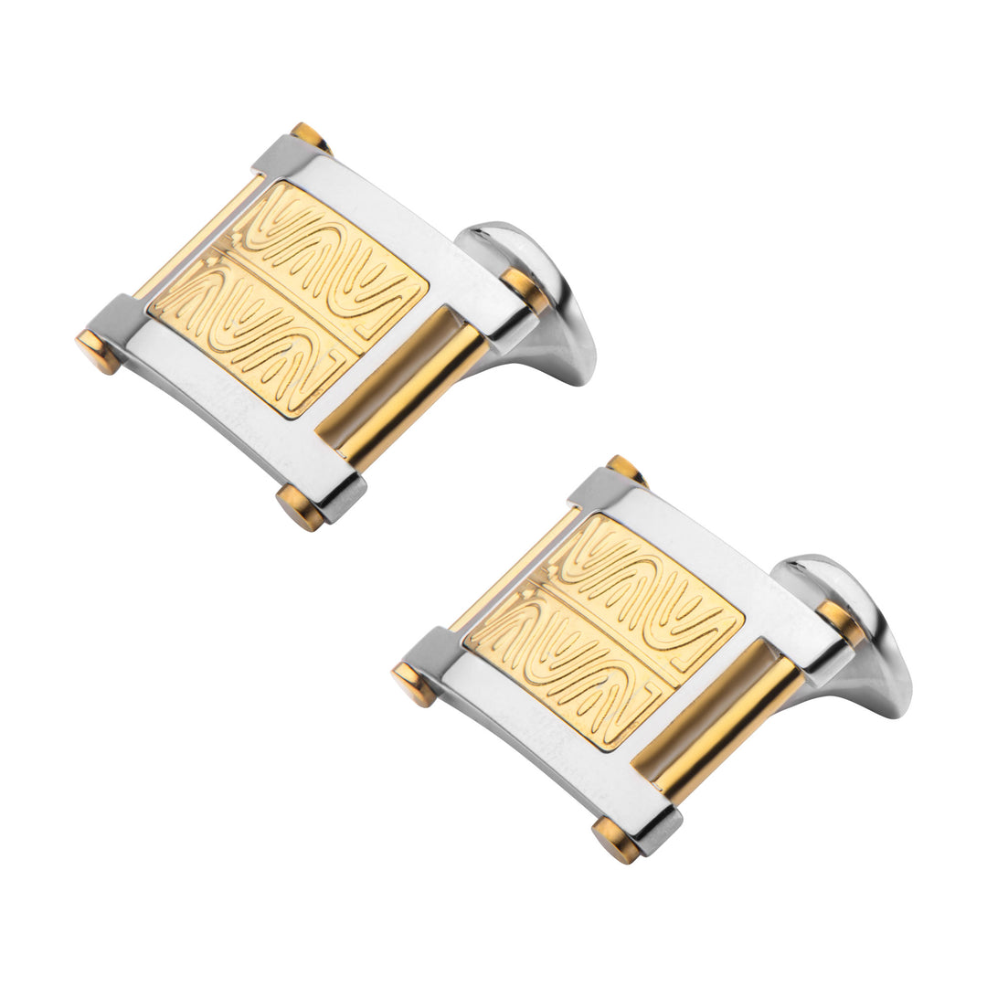 Gold IP Steel Intricate Carved Pattern Cufflinks