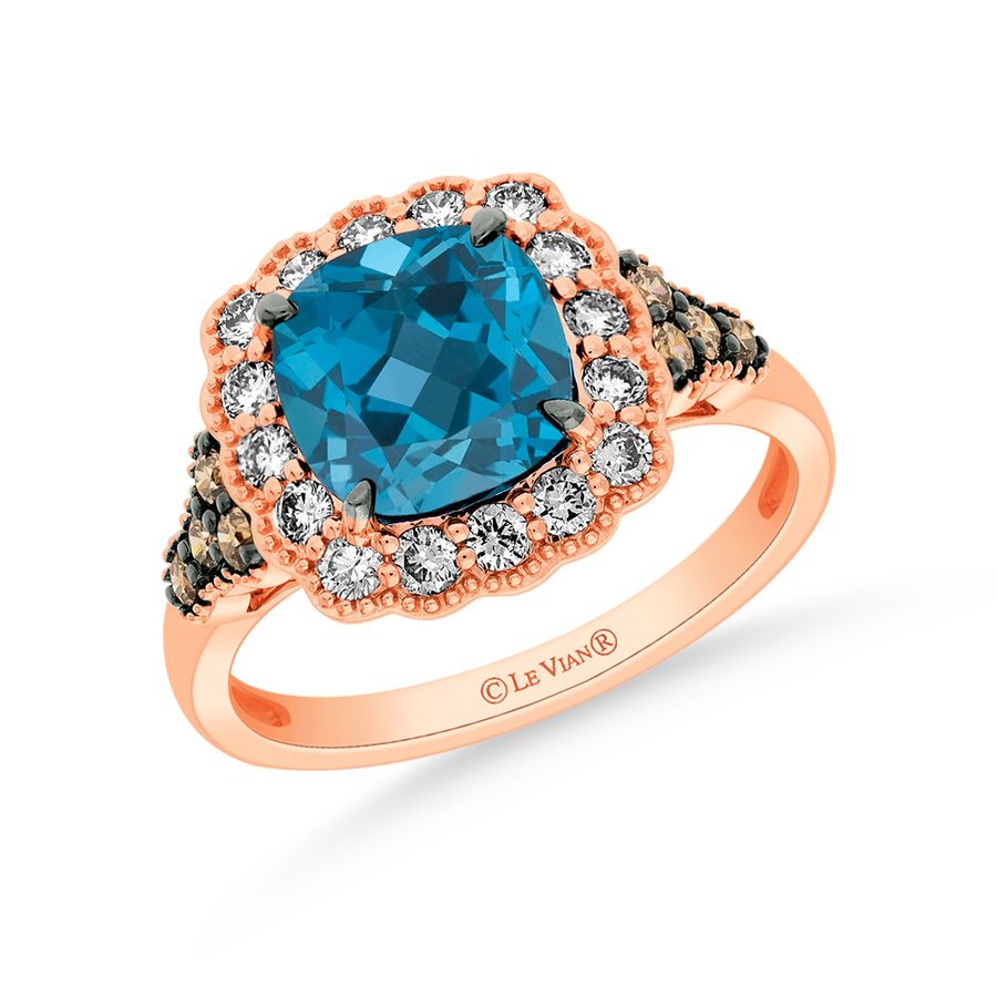14K STRAWBERRY GOLD DIAMOND LONDON BLUE TOPAZ RING