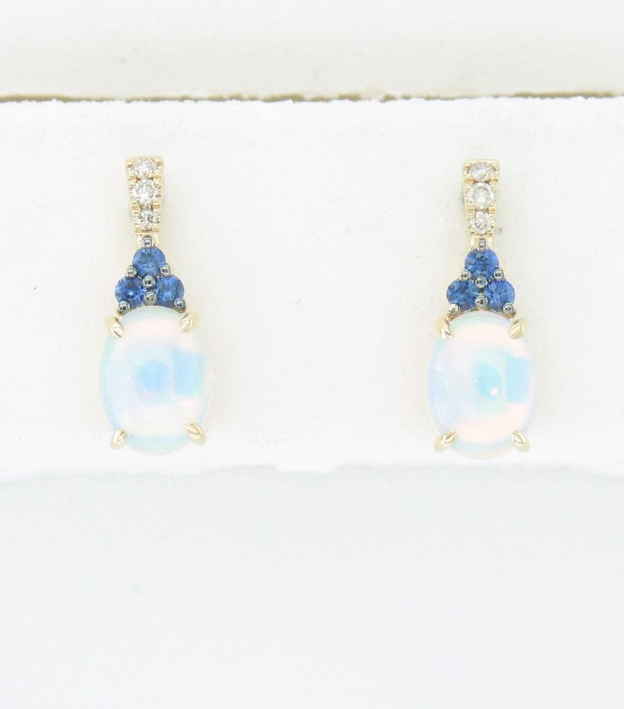 14K YELLOW GOLD DIAMOND SAPPHIRE, OPAL EARRINGS