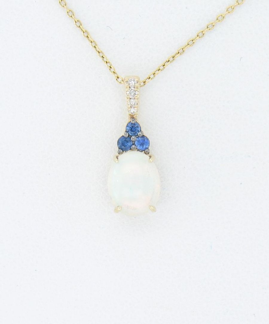 14K YELLOW GOLD DIAMOND OPAL, SAPPHIRE PENDANT