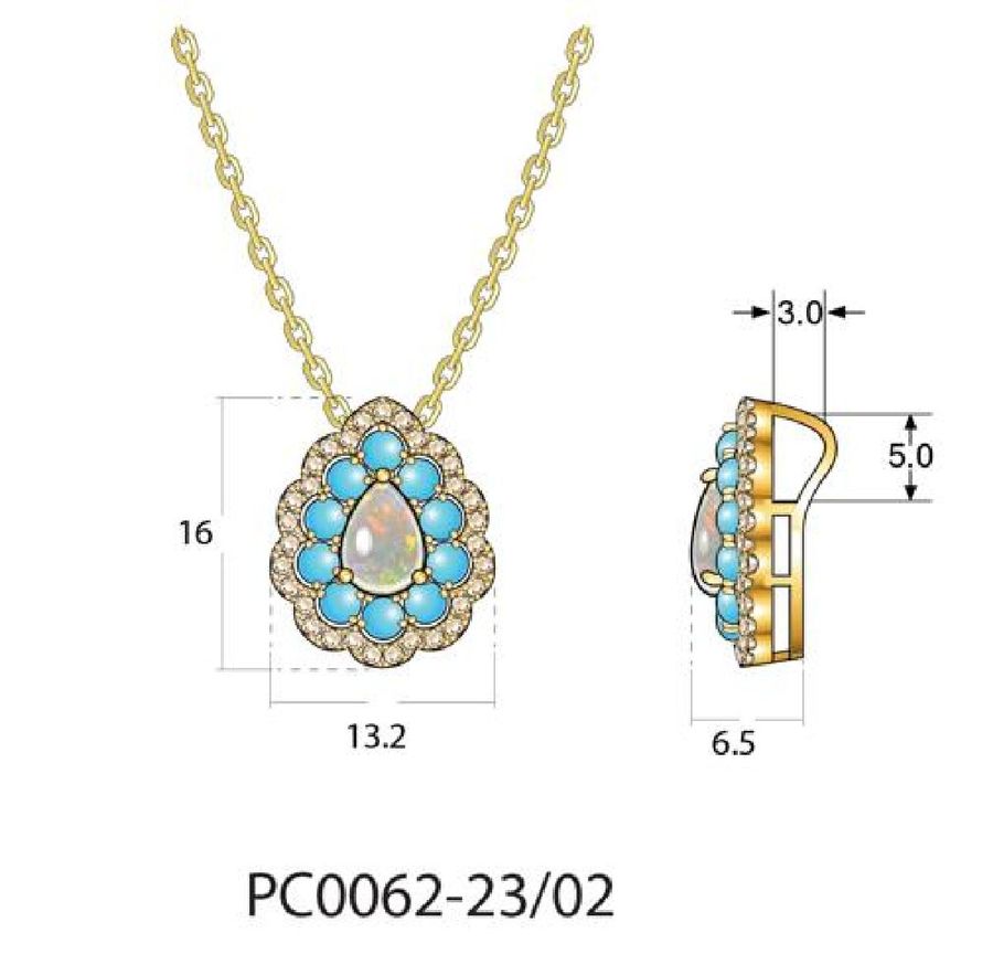 14K YELLOW GOLD DIAMOND OPAL, TURQUOISE PENDANT