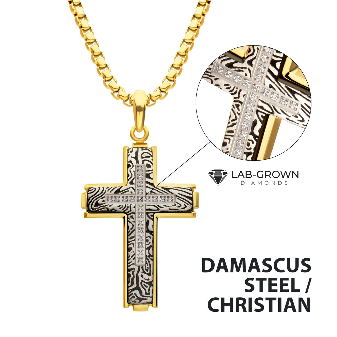 18Kt Gold IP Steel CNC Set Lab-Grown Diamond Zebra Cross Pendant with Box Chain