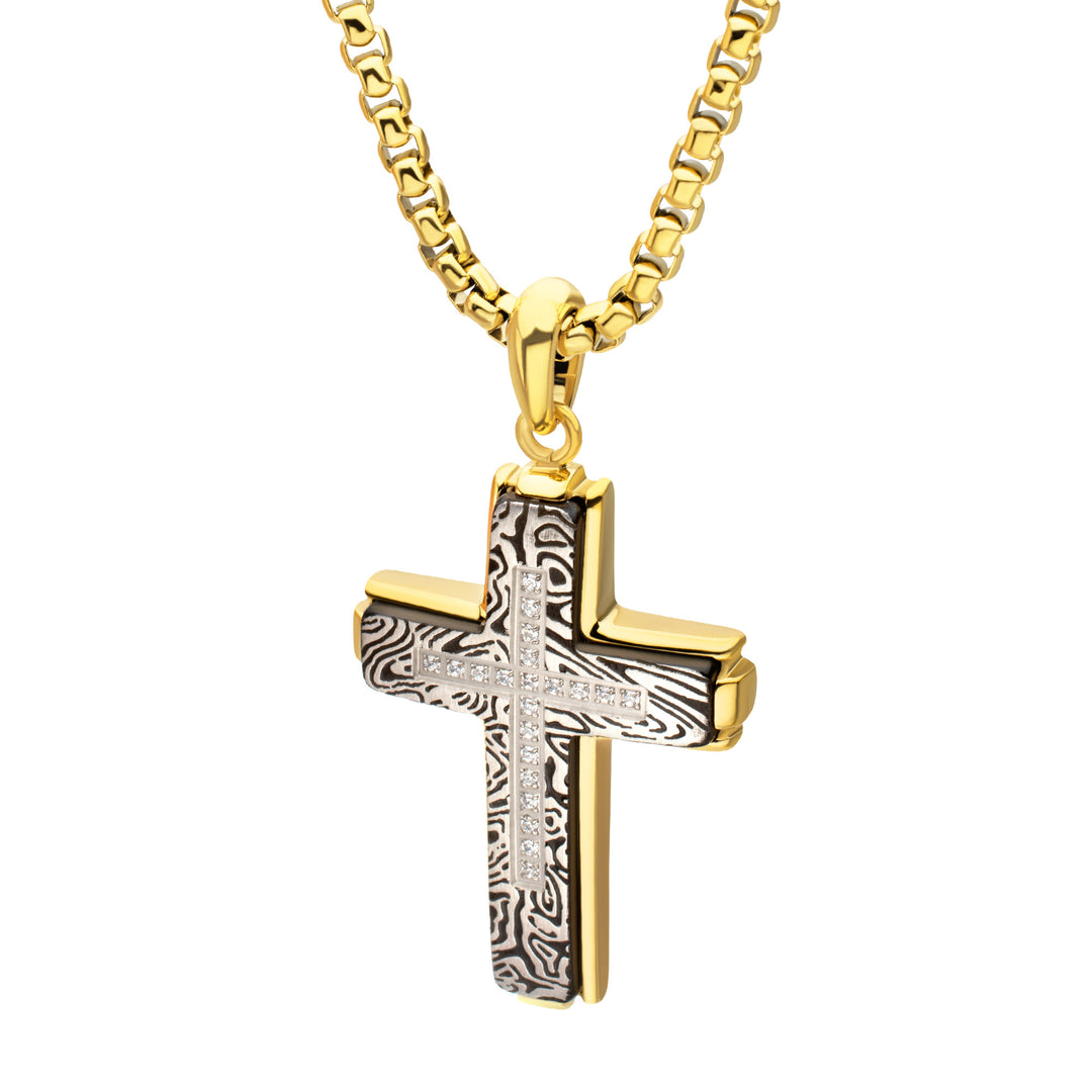 18Kt Gold IP Steel CNC Set Lab-Grown Diamond Zebra Cross Pendant with Box Chain