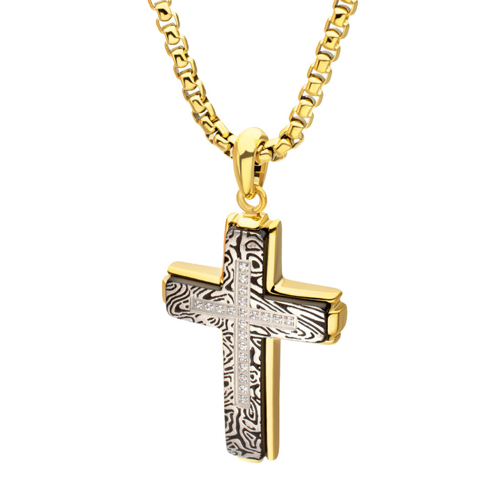 18Kt Gold IP Steel CNC Set Lab-Grown Diamond Zebra Cross Pendant with Box Chain