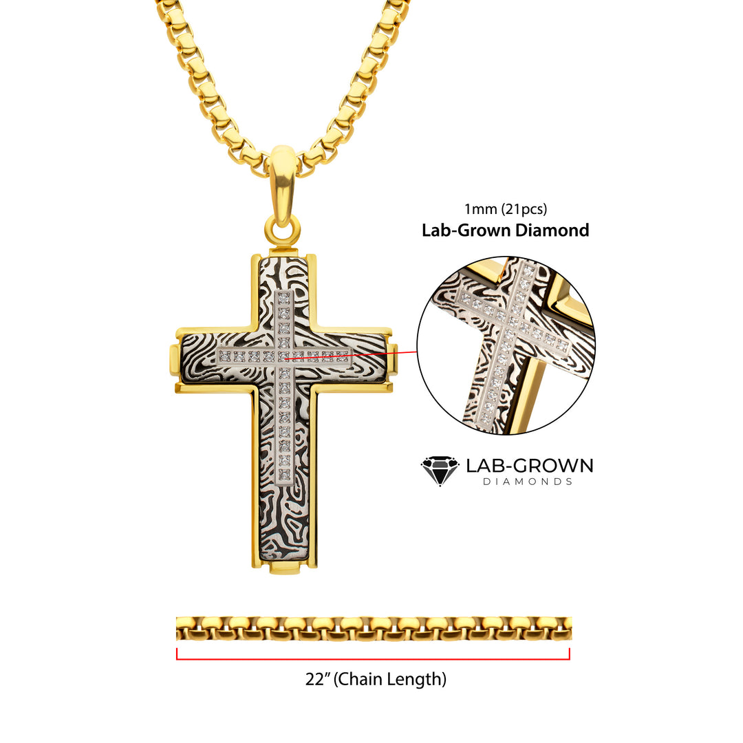 18Kt Gold IP Steel CNC Set Lab-Grown Diamond Zebra Cross Pendant with Box Chain
