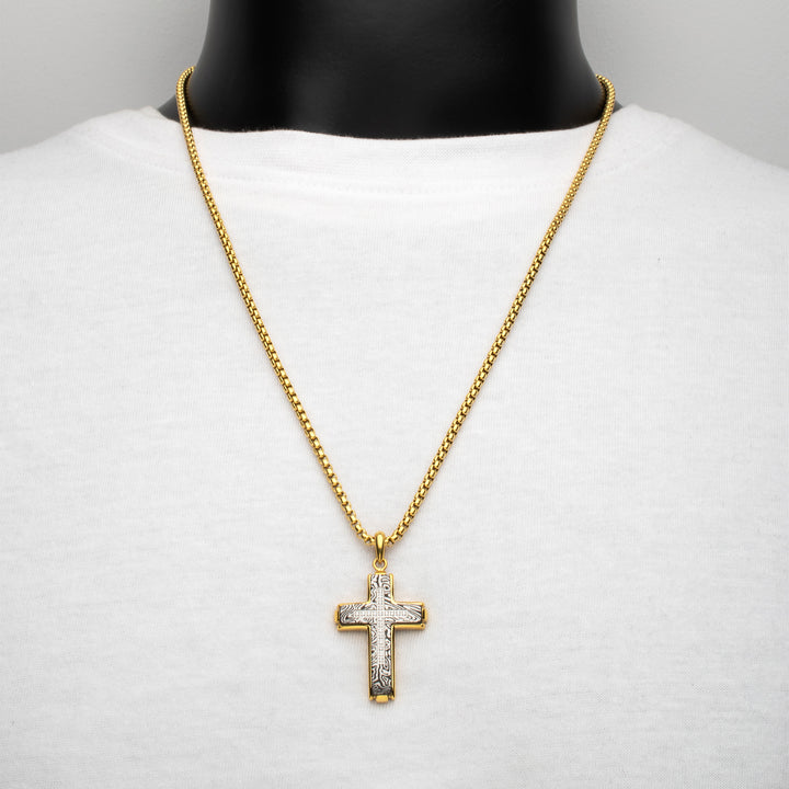 18Kt Gold IP Steel CNC Set Lab-Grown Diamond Zebra Cross Pendant with Box Chain