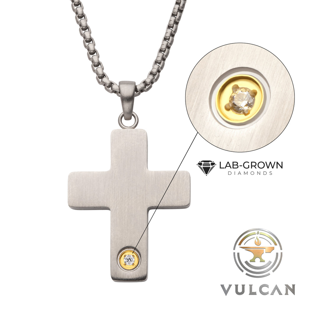1.6mm Genuine Clear Lab-Grown Diamond on Matte Finish Steel Engravable Compact Cross Vulcan Pendant