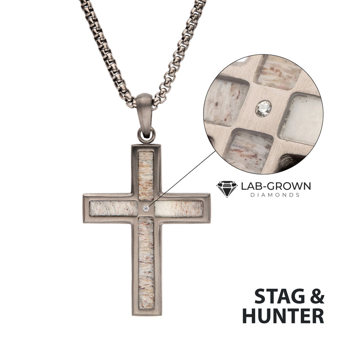 Gun Metal IP Steel Matte Finish Deer Antler Inlay with Lab-Grown Diamond Cross Pendant