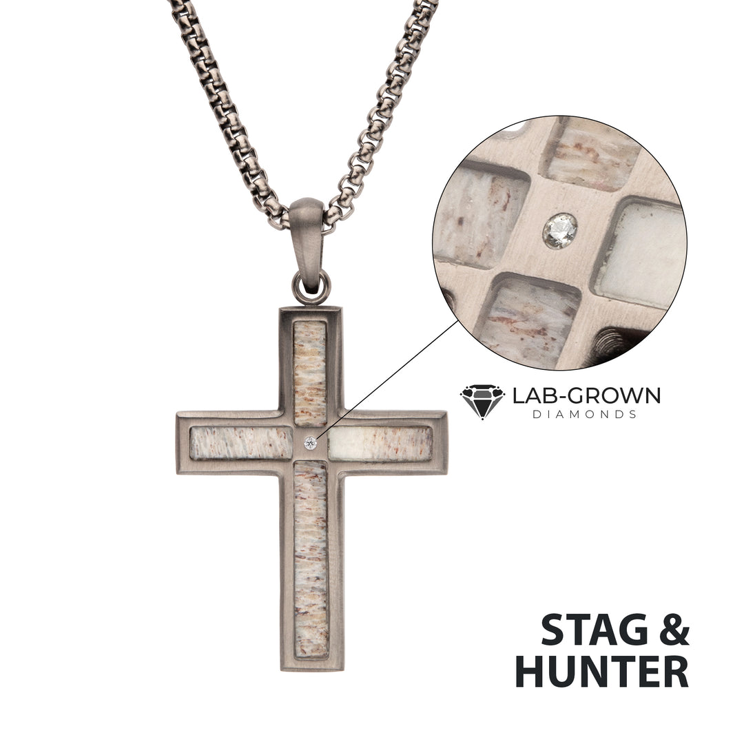 Gun Metal IP Steel Matte Finish Deer Antler Inlay with Lab-Grown Diamond Cross Pendant
