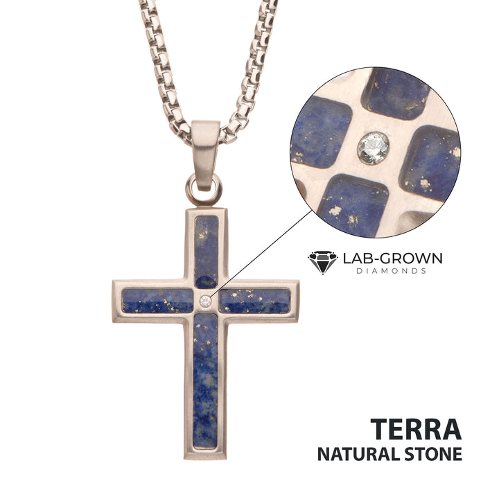 Matte Finish Stainless Steel Lapis Lazuli Stone Inlay with Lab-Grown Diamond Cross Pendant