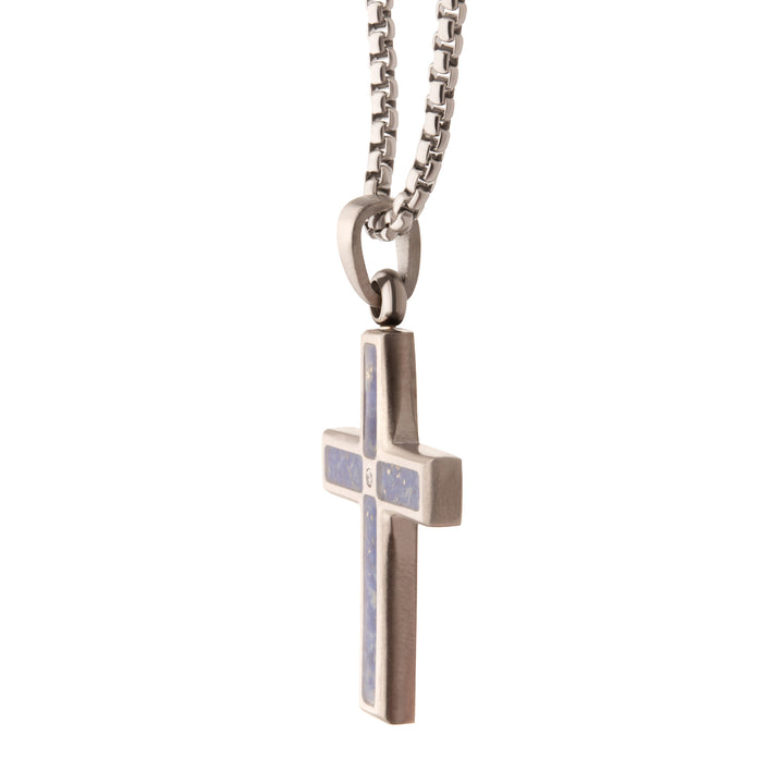 Matte Finish Stainless Steel Lapis Lazuli Stone Inlay with Lab-Grown Diamond Cross Pendant