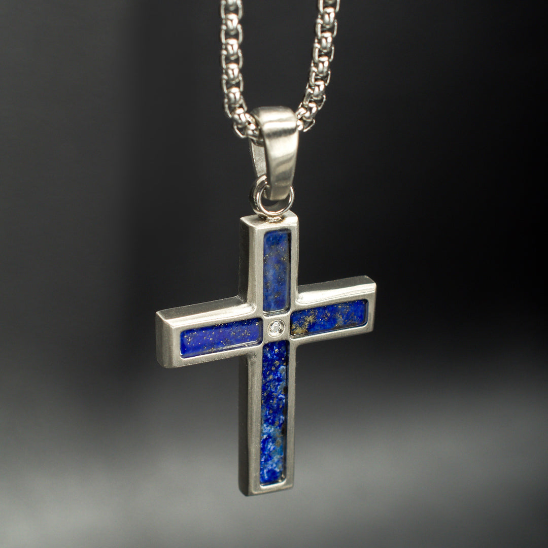 Matte Finish Stainless Steel Lapis Lazuli Stone Inlay with Lab-Grown Diamond Cross Pendant
