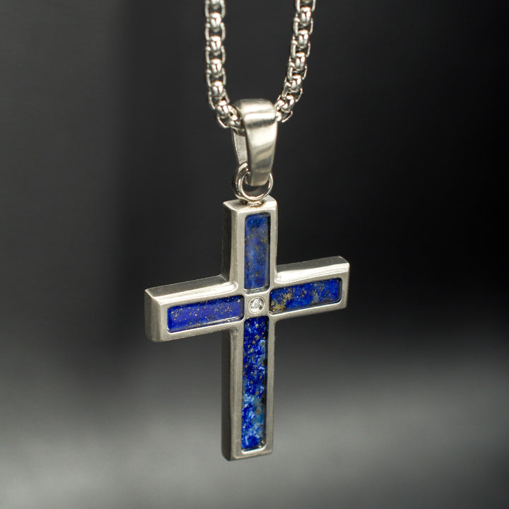 Matte Finish Stainless Steel Lapis Lazuli Stone Inlay with Lab-Grown Diamond Cross Pendant