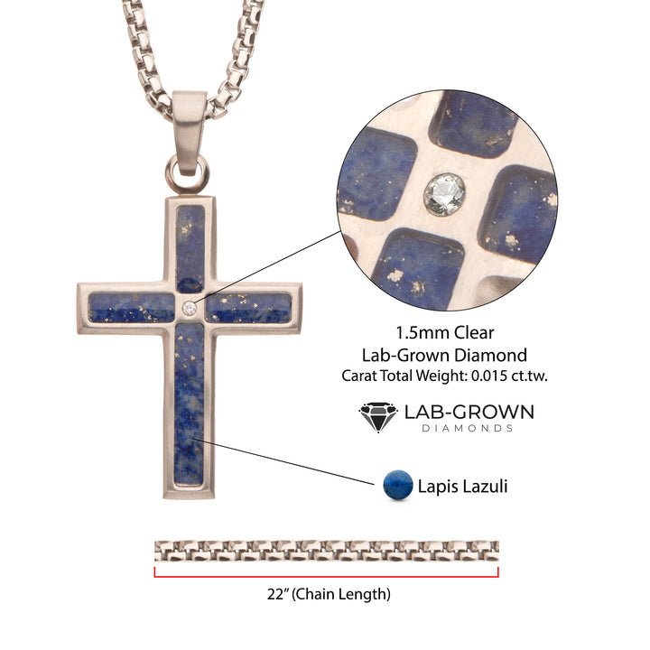 Matte Finish Stainless Steel Lapis Lazuli Stone Inlay with Lab-Grown Diamond Cross Pendant